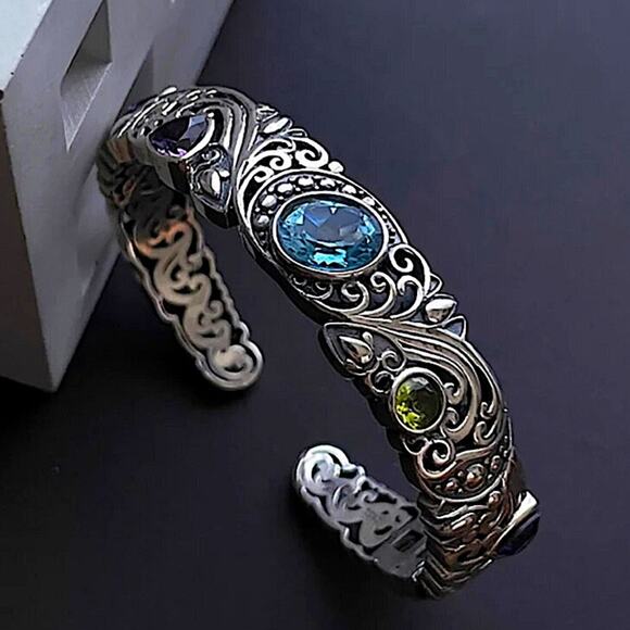 Stampd Jewelry - Vintage Sterling Silver Bangle, Multicolor Gemstone Engraved Cuff, Elegant